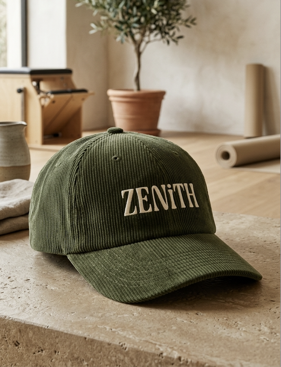 Olive green corduroy ZENITH baseball cap on a rustic table, with a potted tree, pottery, and rolled paper in a warm, calm studio.