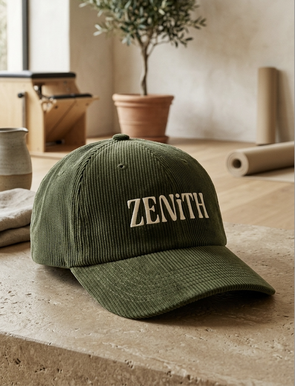 Olive green corduroy ZENITH baseball cap on a rustic table, with a potted tree, pottery, and rolled paper in a warm, calm studio.