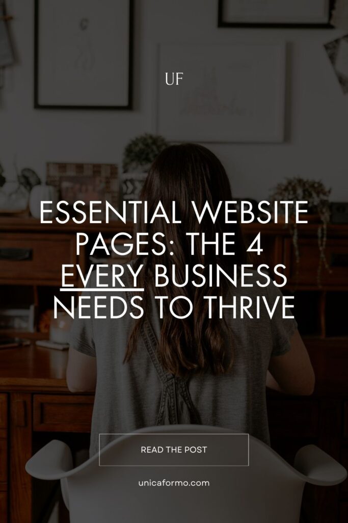 Jordin working on a laptop with their back to the camera, focused on creating content for the blog post 'The Four Necessary Pages Every Website Needs to Have.