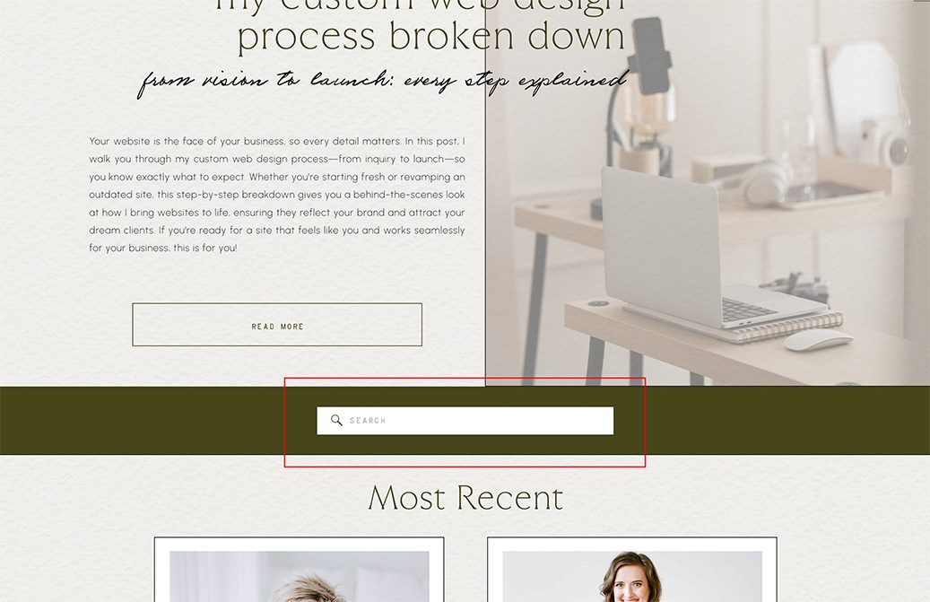 Screenshot of a tutorial showing how to add a search bar to showit.