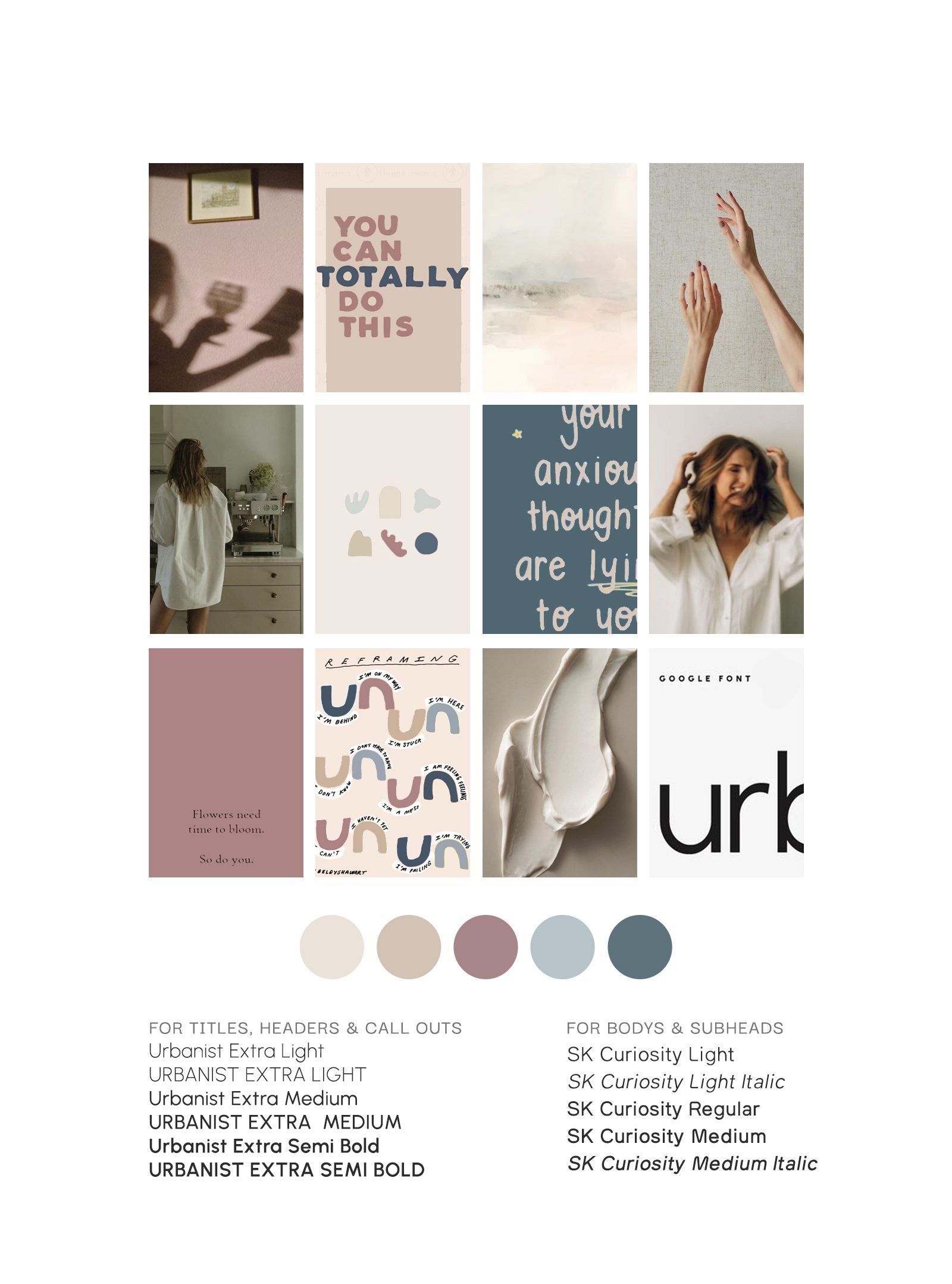 Moodboard for Emily Austin Therapy, showcasing a soft and calming brand aesthetic with neutral tones, organic textures, and a serene, welcoming feel.