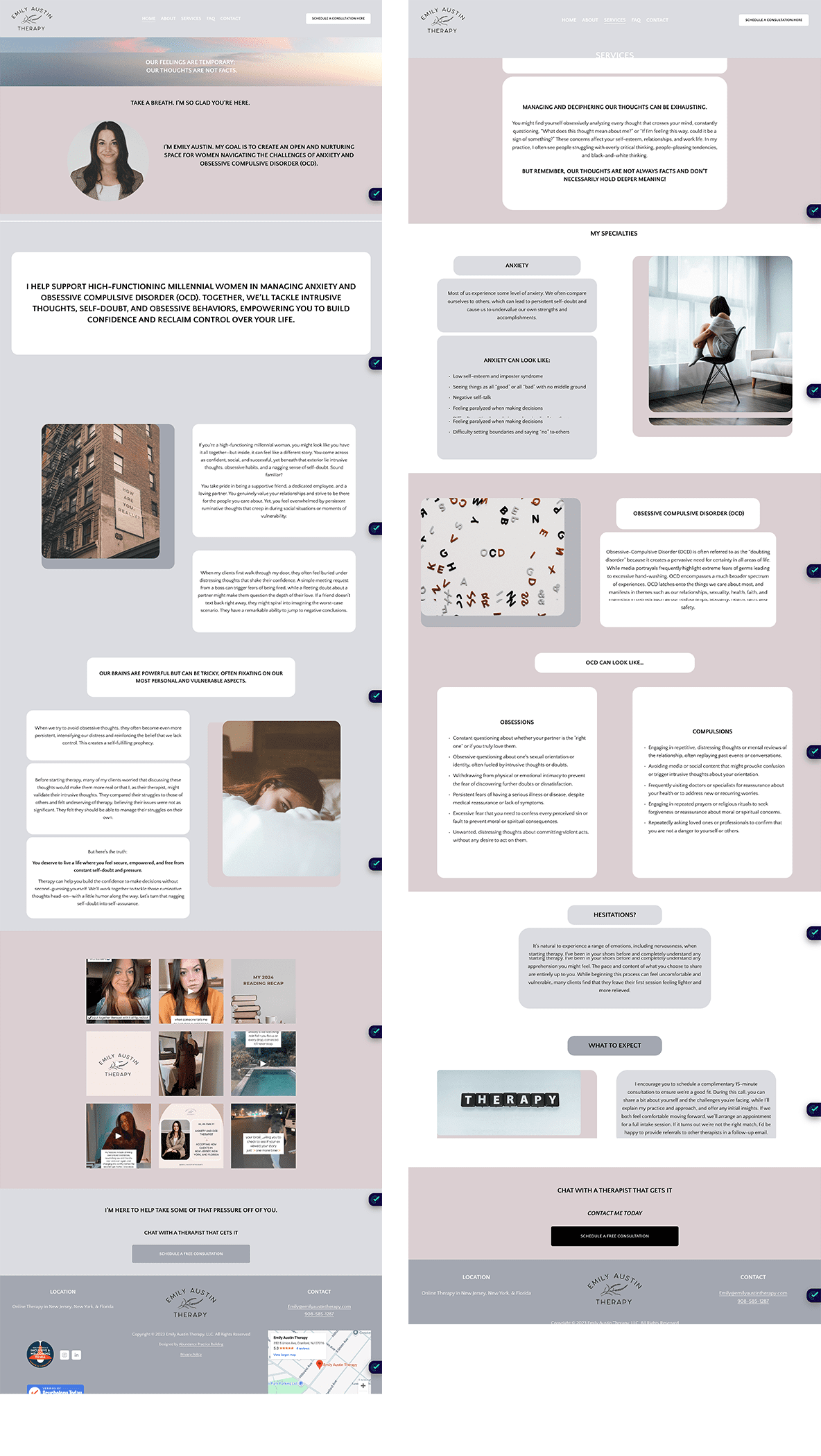 Screenshot of Emily Austin Therapy's homepage, featuring pastel colors, blocky content, and a DIY-style layout.