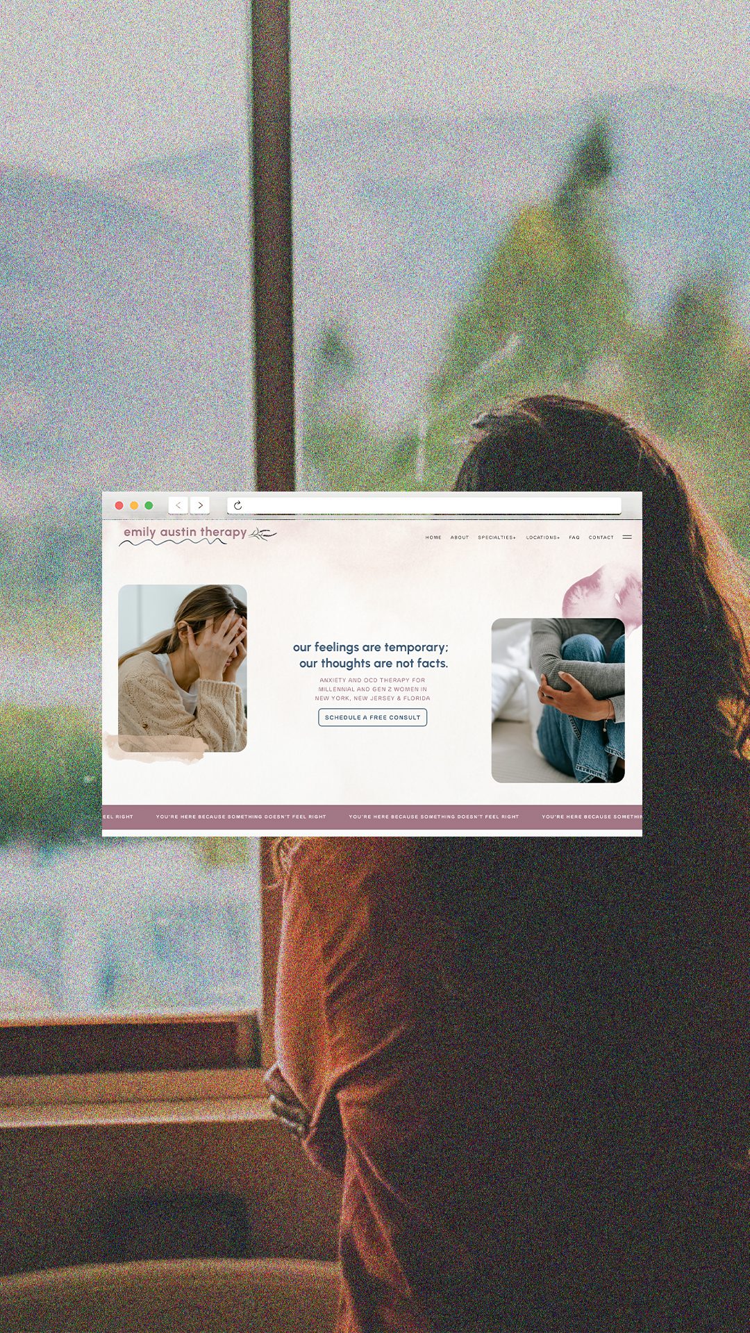 Mockup of the redesigned therapist website for Emily Austin Therapy, featuring a calming color palette, modern typography, and a welcoming layout for anxiety and OCD therapy clients.