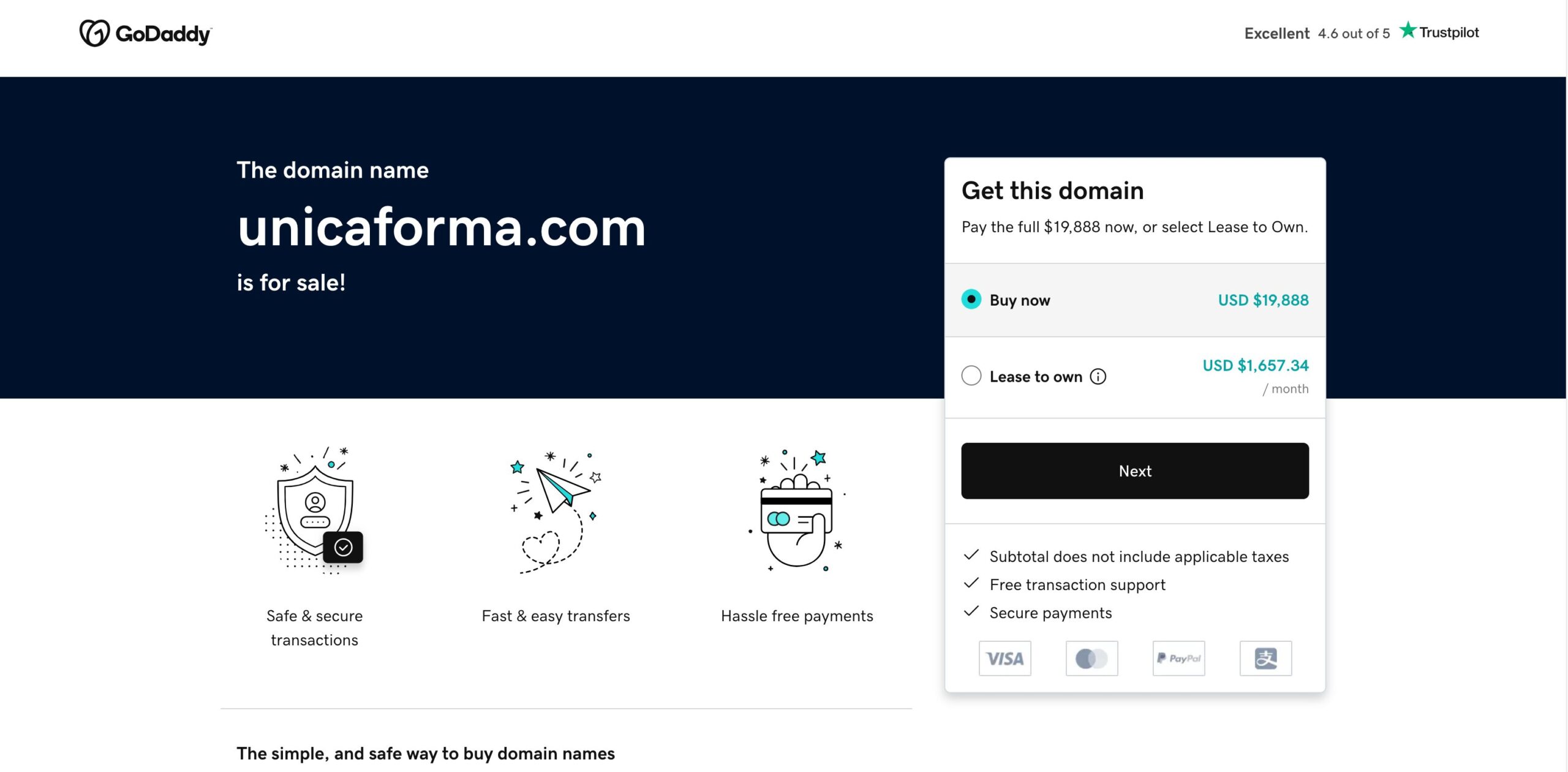 an image of www.unicaforma.com domain cost on GoDaddy
