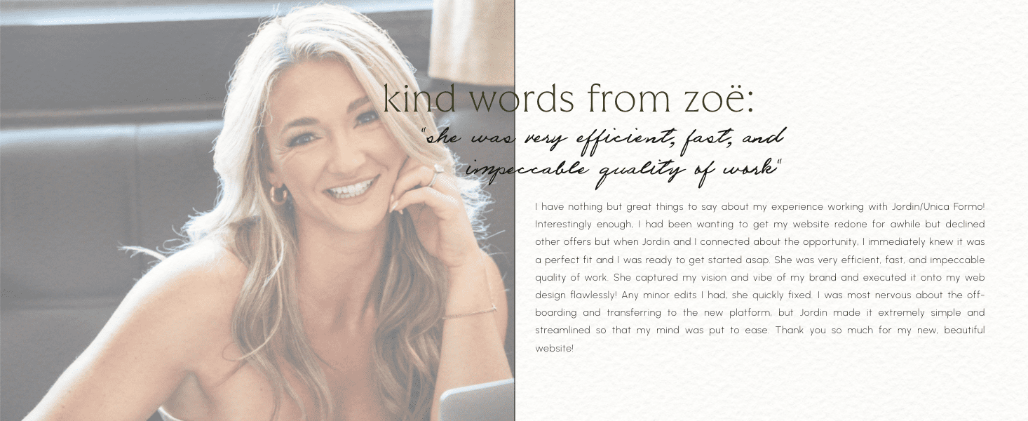 Testimonial for Unica Formo web design for a nutritionist, Zoe