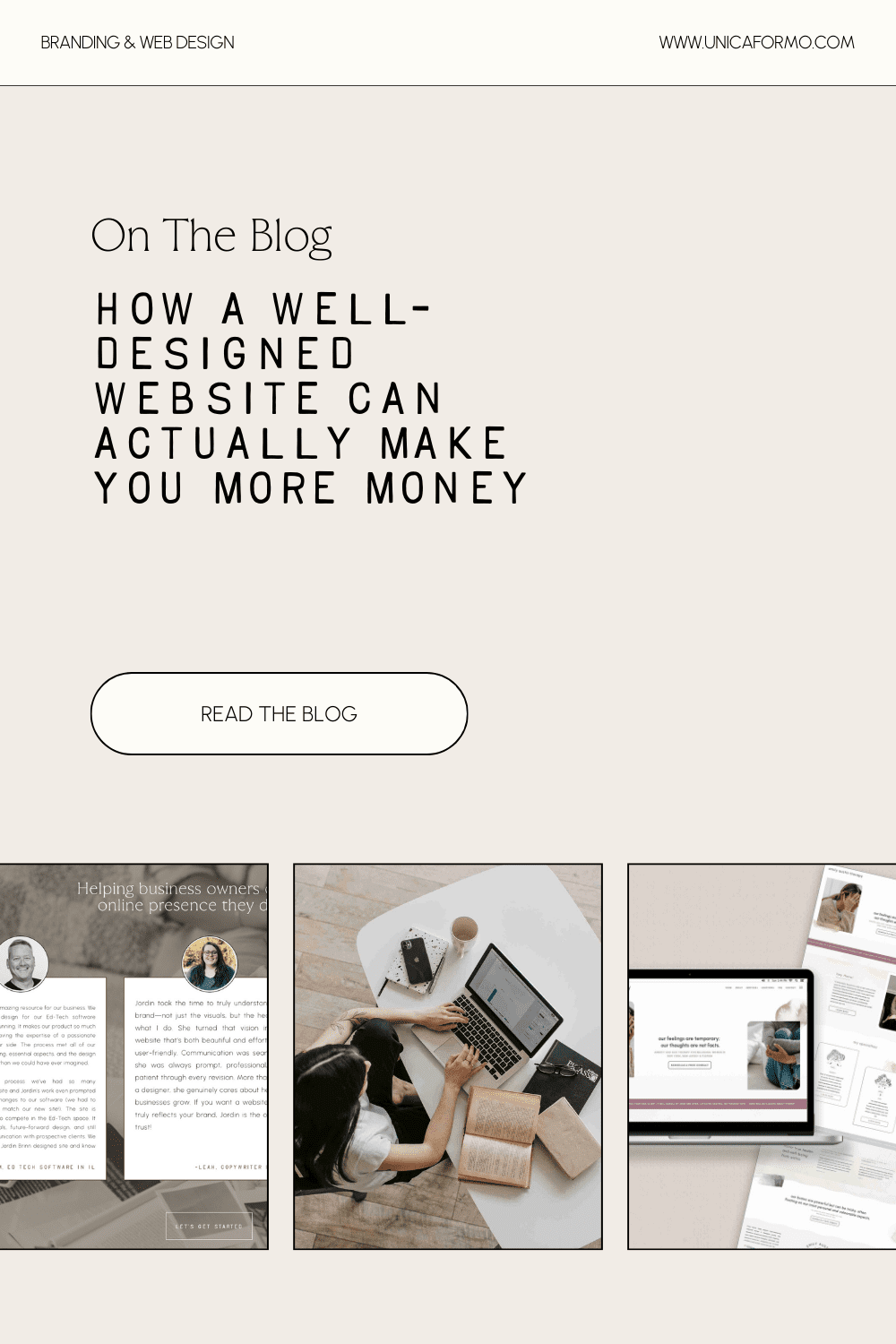 Blog design displayed on a screen, emphasizing the theme: "Your Website Should Be a Money-Making Machine."
