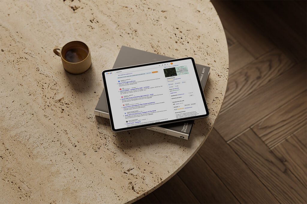 A tablet rests on a table beside a steaming cup of coffee, creating a cozy workspace atmosphere.