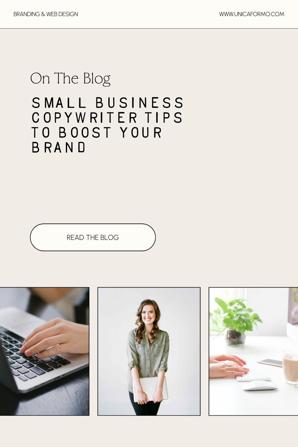 Pinterst pin of copywriter holding laptop