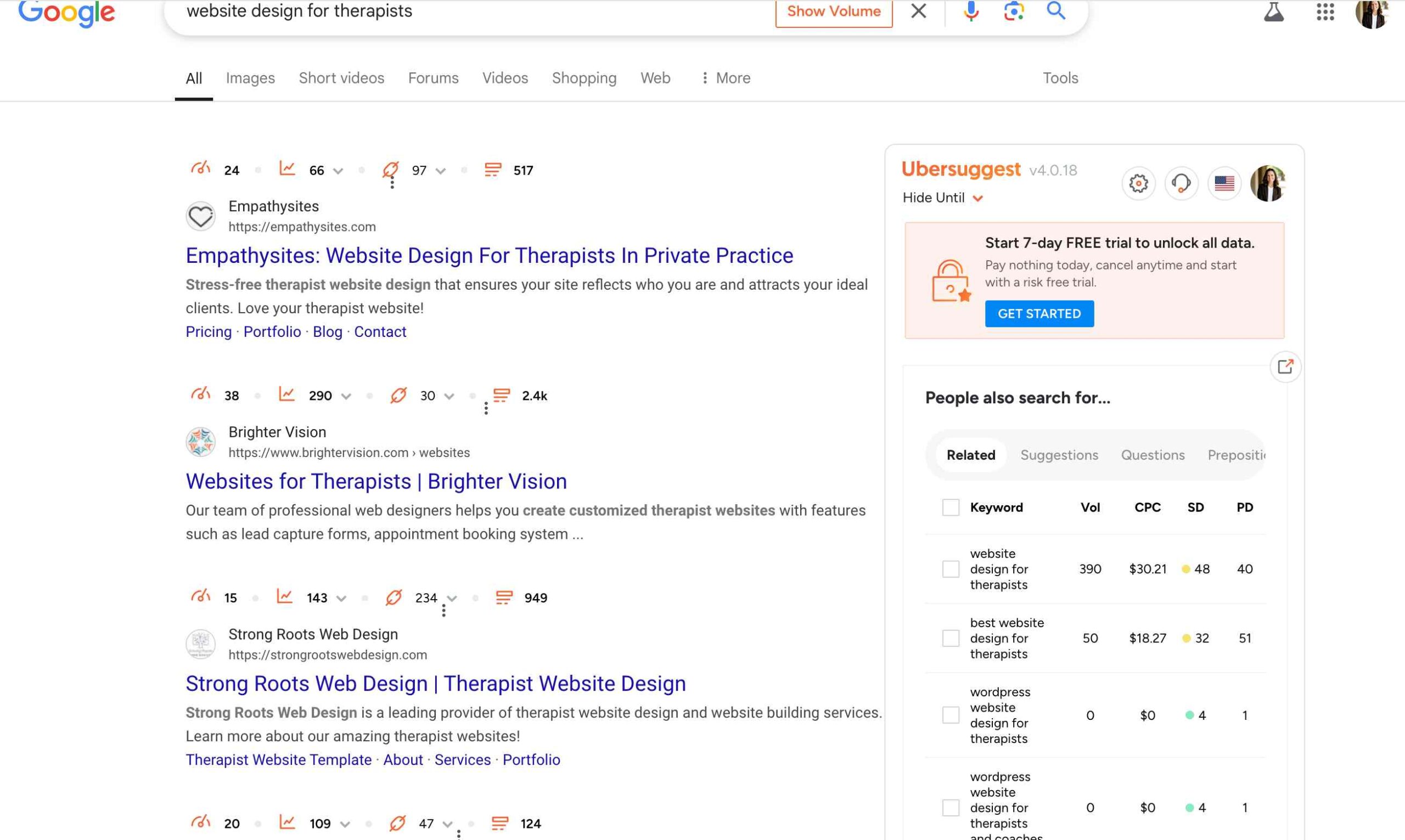 Screenshot to analyze domain authority to help therapist websites rank well SEO