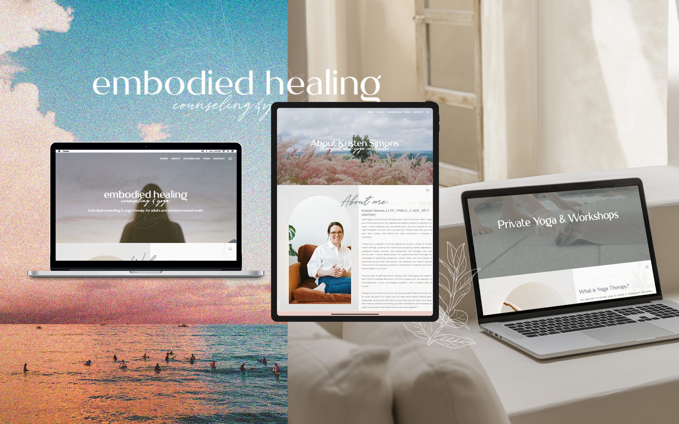 Therapist website design shown on three different devices.