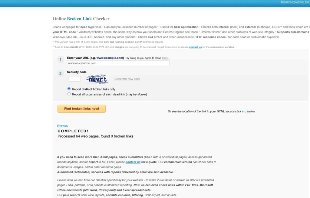 Screenshot using brokenlinkchecker.com to represent a step in updating your website.