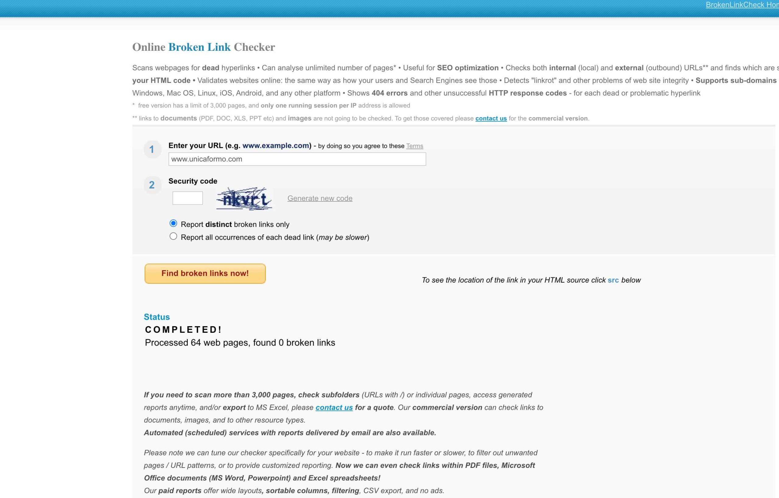 Screenshot using brokenlinkchecker.com to represent a step in updating your website.
