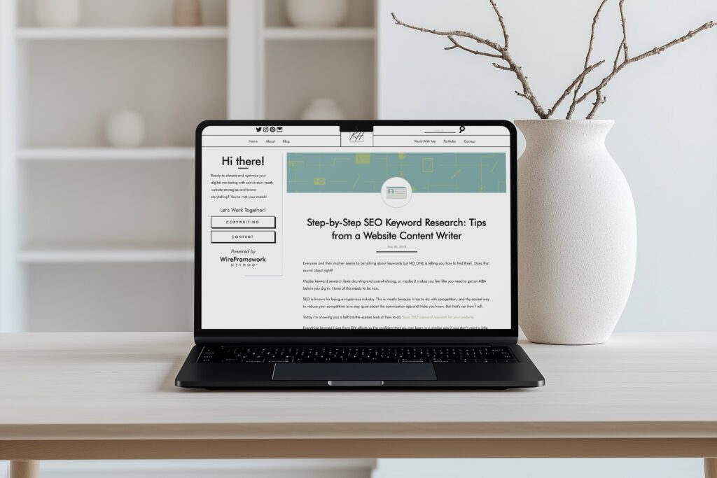 Laptop showing small business copywriter Kayla's post about SEO Keyword research.