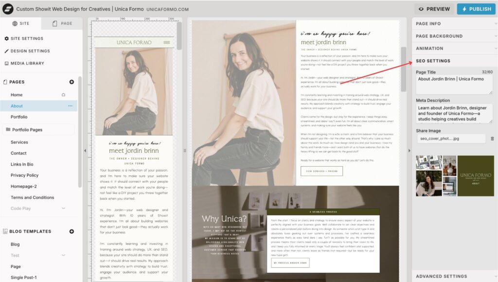 Where to find SEO settings on Showit tutorial screenshot