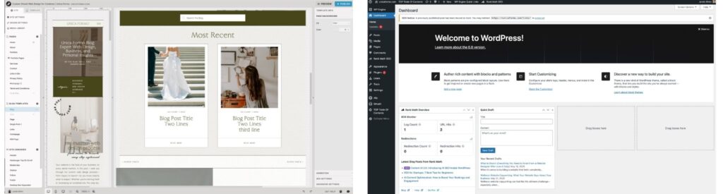 A side by side view of Showit and WordPress dashboards