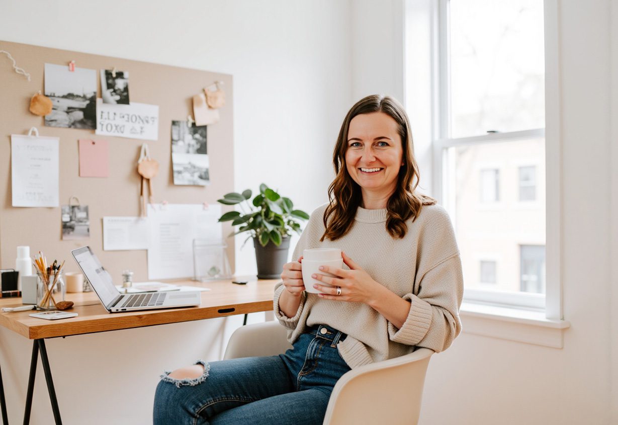 Freelance Web Designer Jordin Brinn sitting at her desk with a cup of coffee