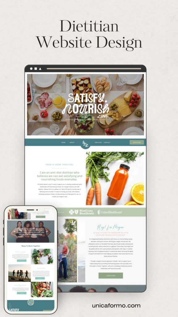 Website design for a dietitian, featuring healthy food images and a clean, professional layout for client engagement.