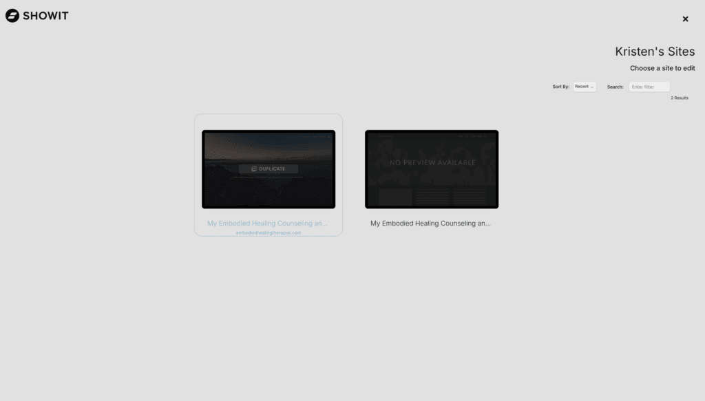 Step one to customize a showit template is to duplicate the design. This computer screen shows a Duplicate Design button
