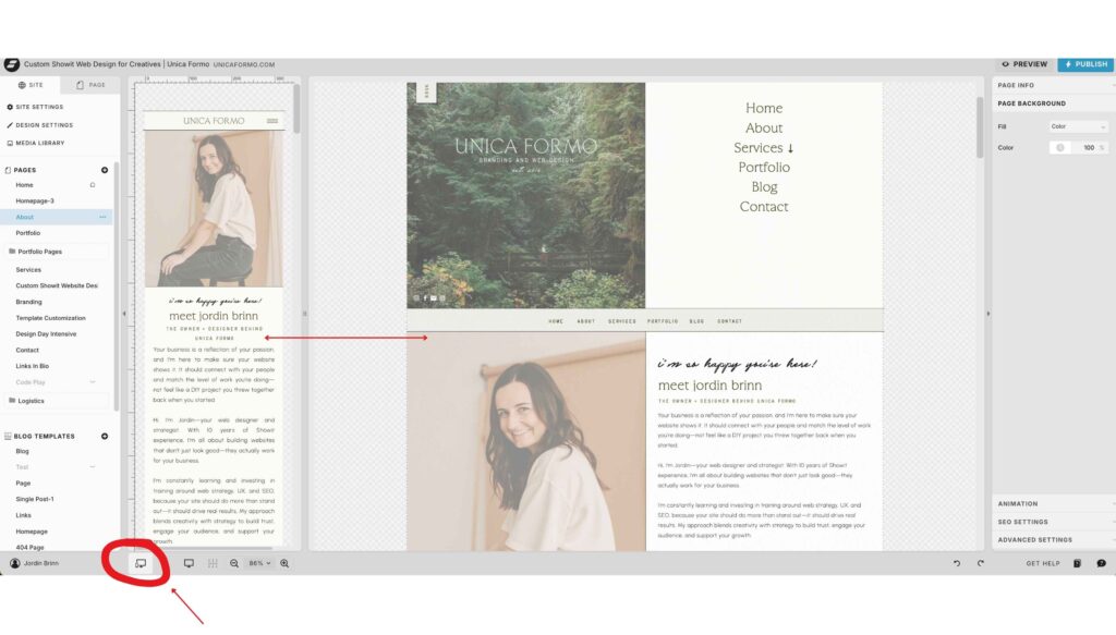 Showit editor displaying a highlighted website page, comparing mobile and desktop editing views.