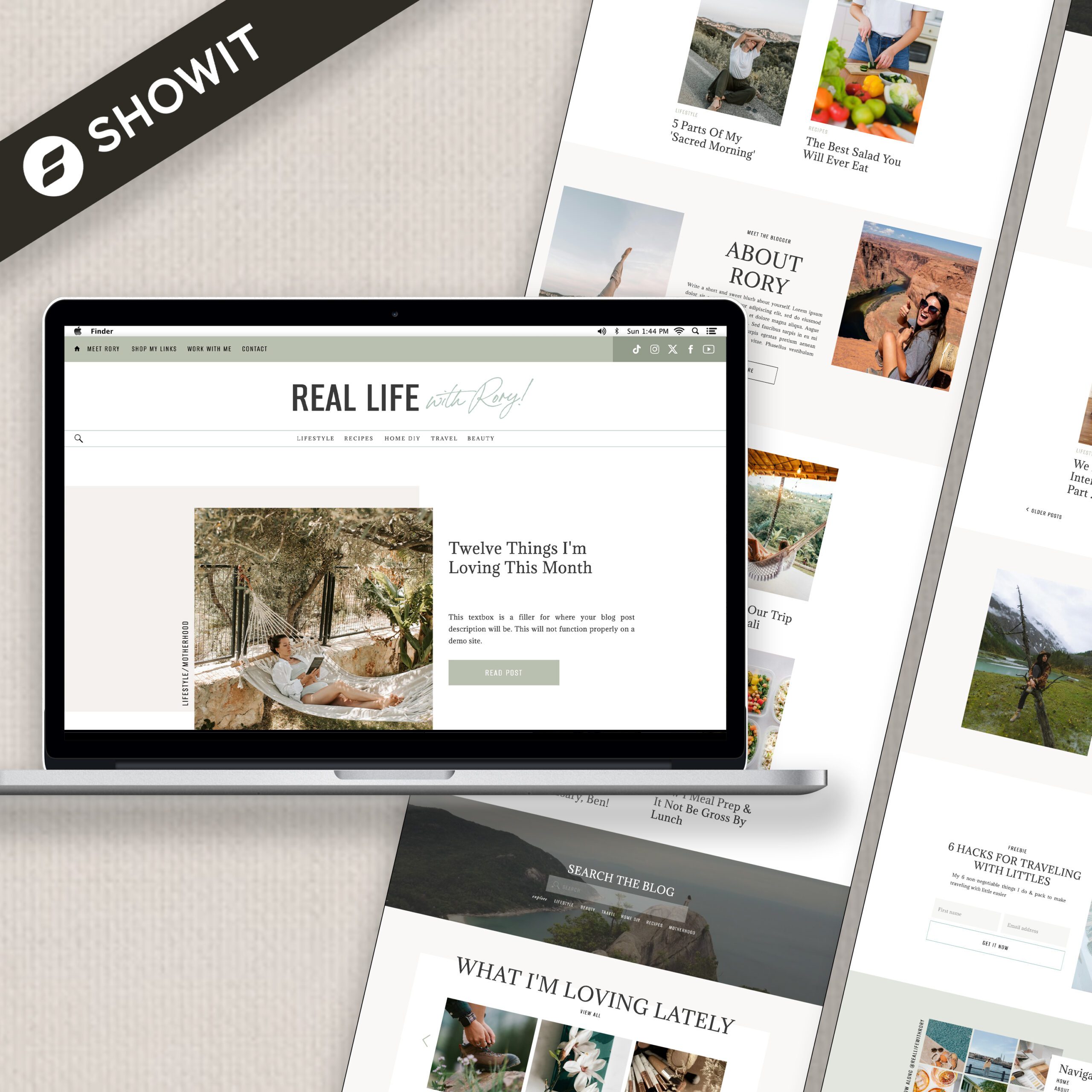 A laptop shows the Real Life Showit Template in action, showcasing its design and layout.