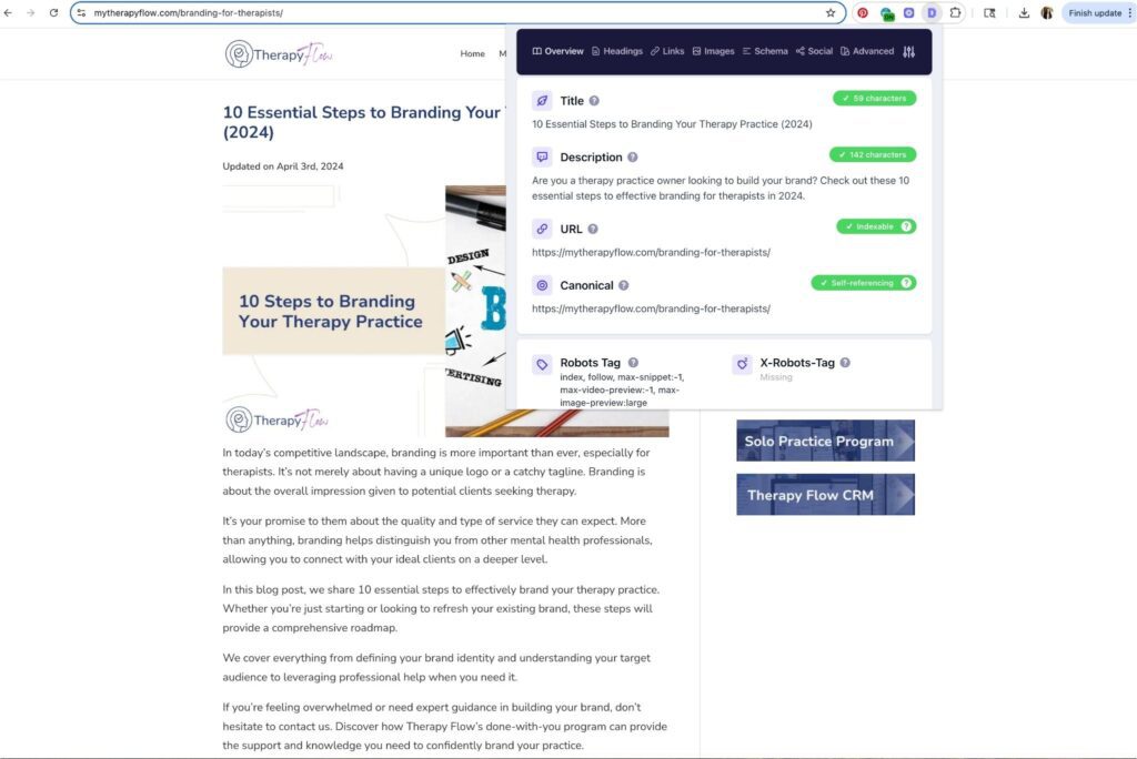 Google Chrome extension Detailed SEO in use on a therapy website.