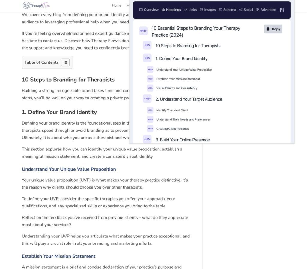 Header hierarchy shown on Detailed SEO Chrome Extension showcasing proper formatting to teach you how to blog.