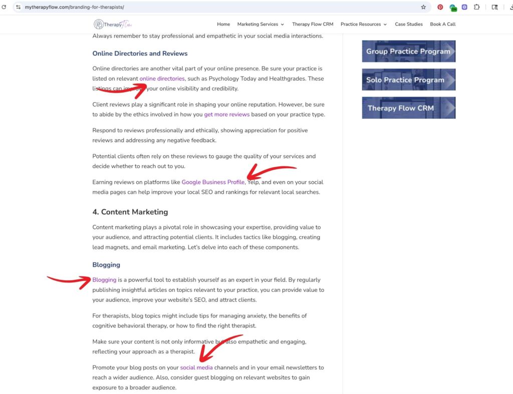 Tips on how to blog for better SEO, highlighting internal and external linking.