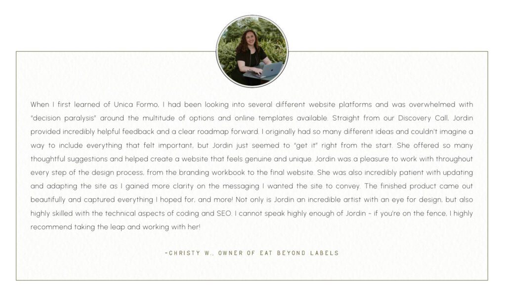 A review for Columbus, Ohio website designer, Unica Formo showcasing her SEO expertise and patient approach.