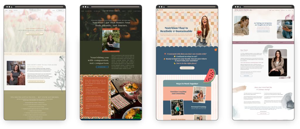 Showit websites in varying styles for service providers.