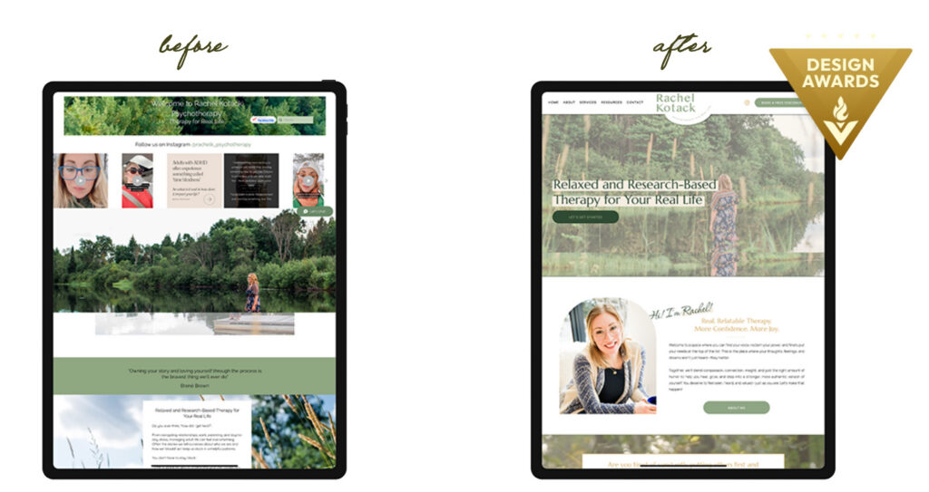 Before-and-after website redesign on two tablets: a cluttered layout becomes a polished, nature-themed site with a Design Awards badge.