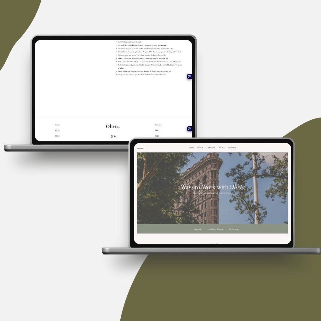 Website design featuring the New York City skyline, tailored for a therapist's site on Showit.