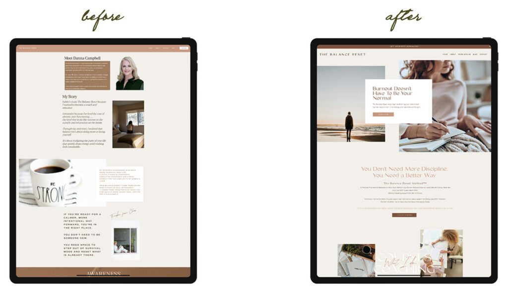 Before-and-after website redesign on two tablets; the updated page uses warm neutral colors, elegant typography, and lifestyle photos for a calm, polished feel.
