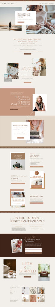 Warm beige lifestyle webpage with text blocks, nature and food photos, product cards, a woman’s portrait, and a dark brown banner; calm, editorial feel.