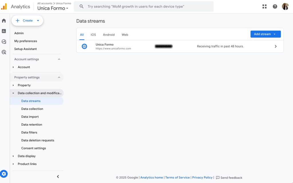 Example of where to find data stream info inside of Google Analytics.