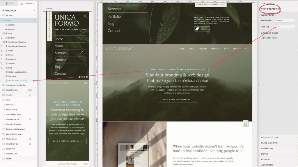 Showit platform showing how to change header hierarchy in Showit.