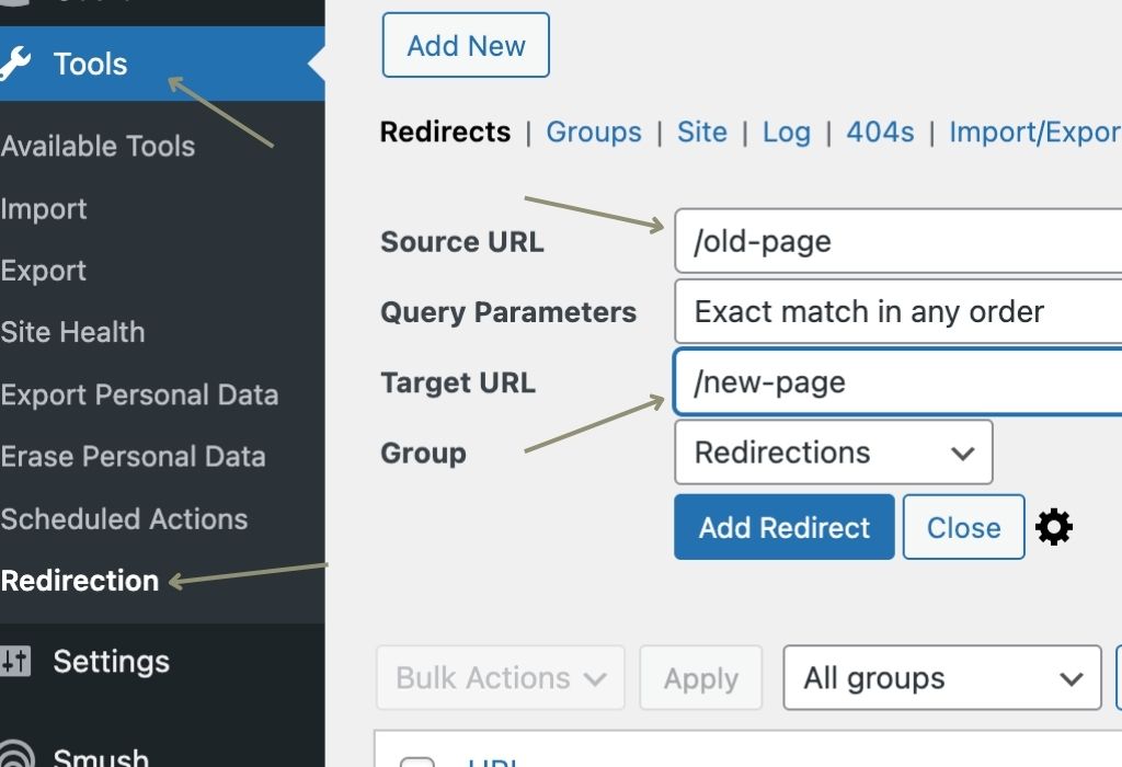 Redirection settings to add a new page.