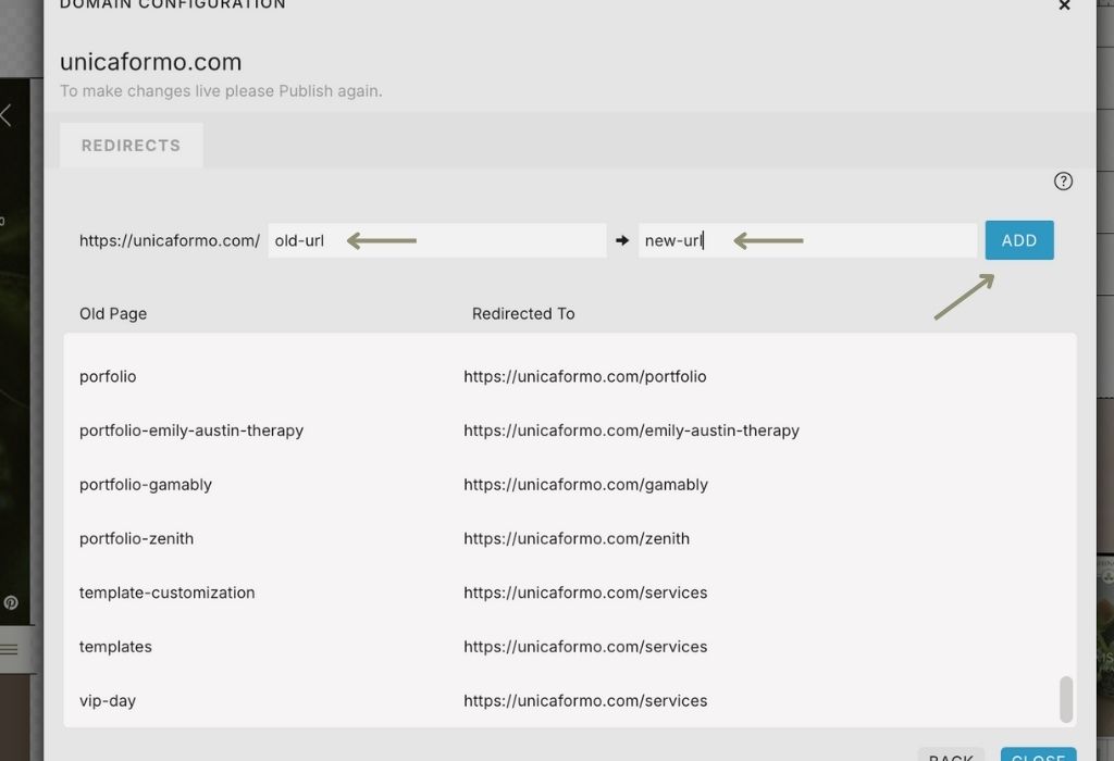 Screenshot of Showit's settings on adding a redirect