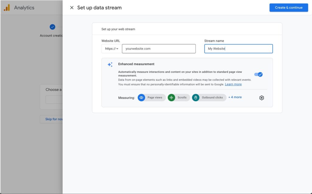 Setting up the data stream for your Google Analytics account.