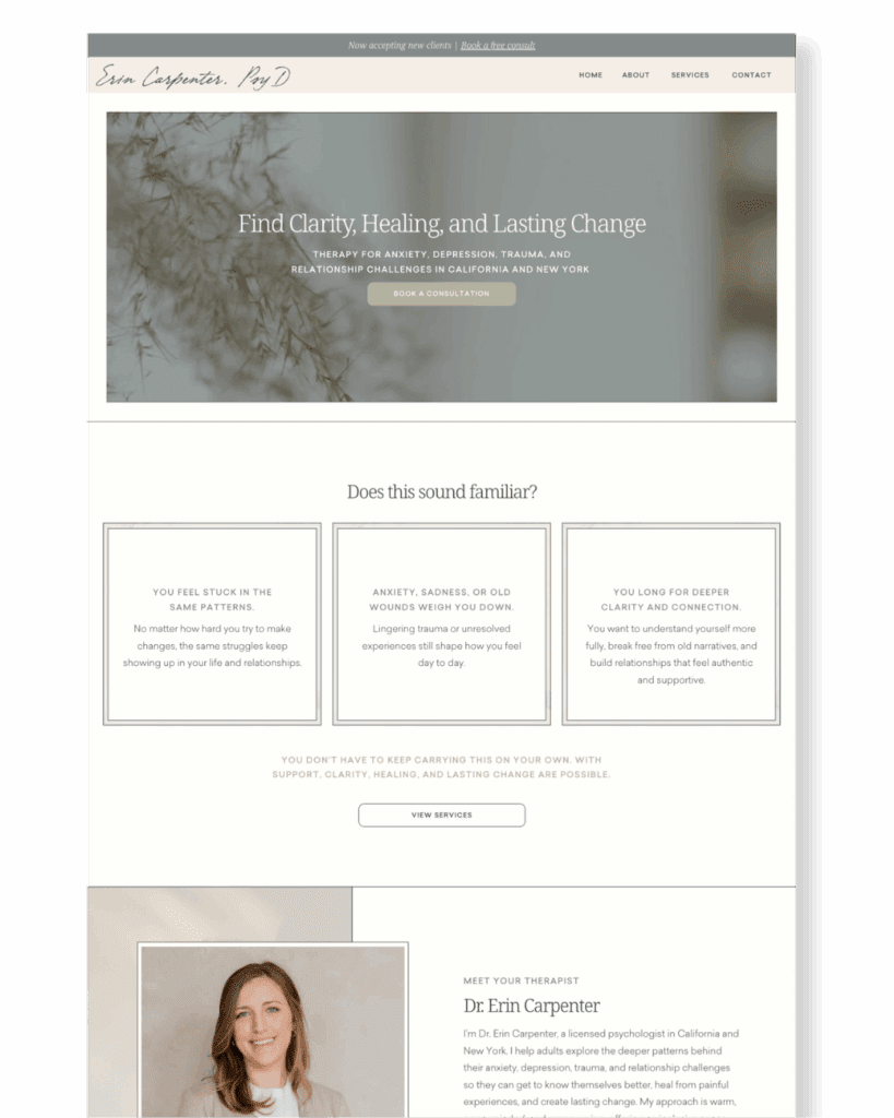 Website design for a calm therapist, featuring soothing colors and a welcoming layout for women's wellness services.