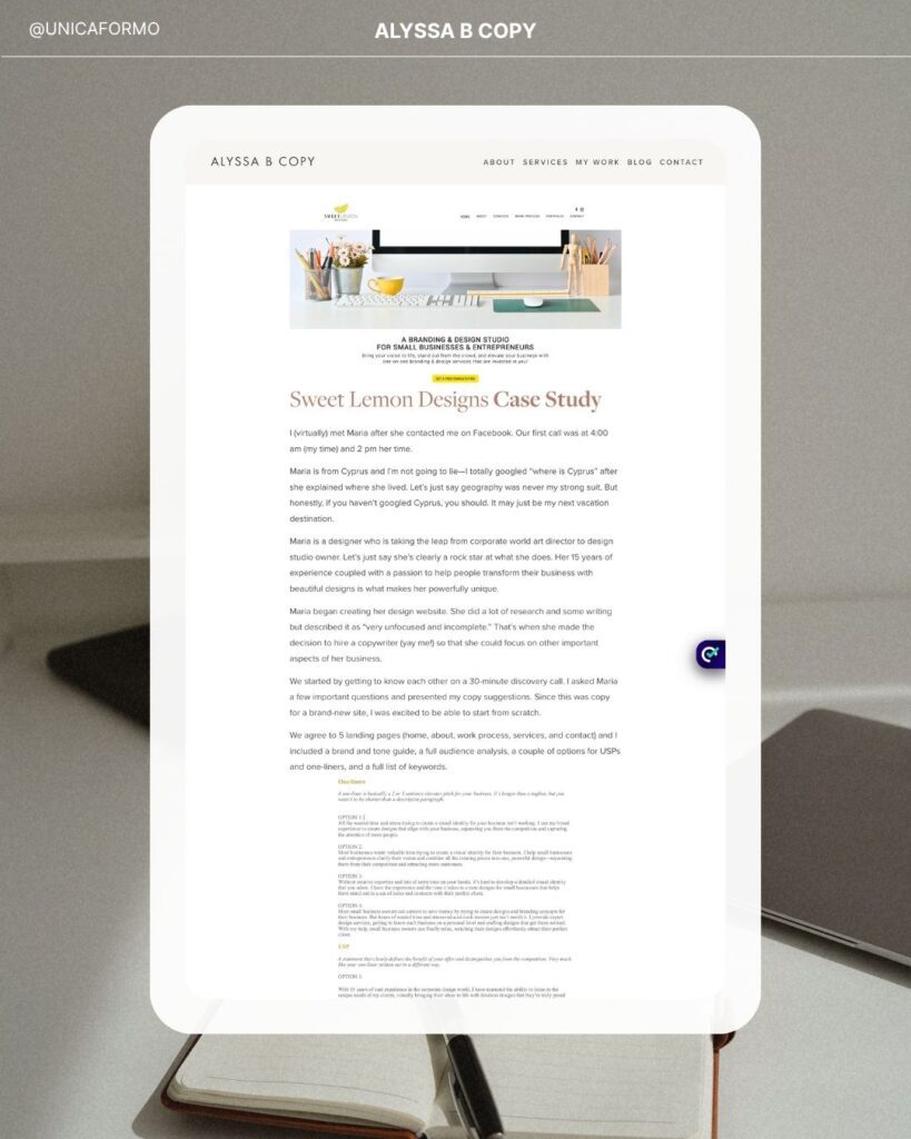 Website design mockup for a small business case study, featuring website copy that converts and how to write it yourself.