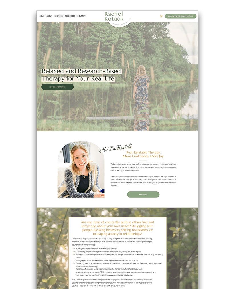 Website design for a woman's nature therapy business, featuring calming colors and nature-inspired elements.