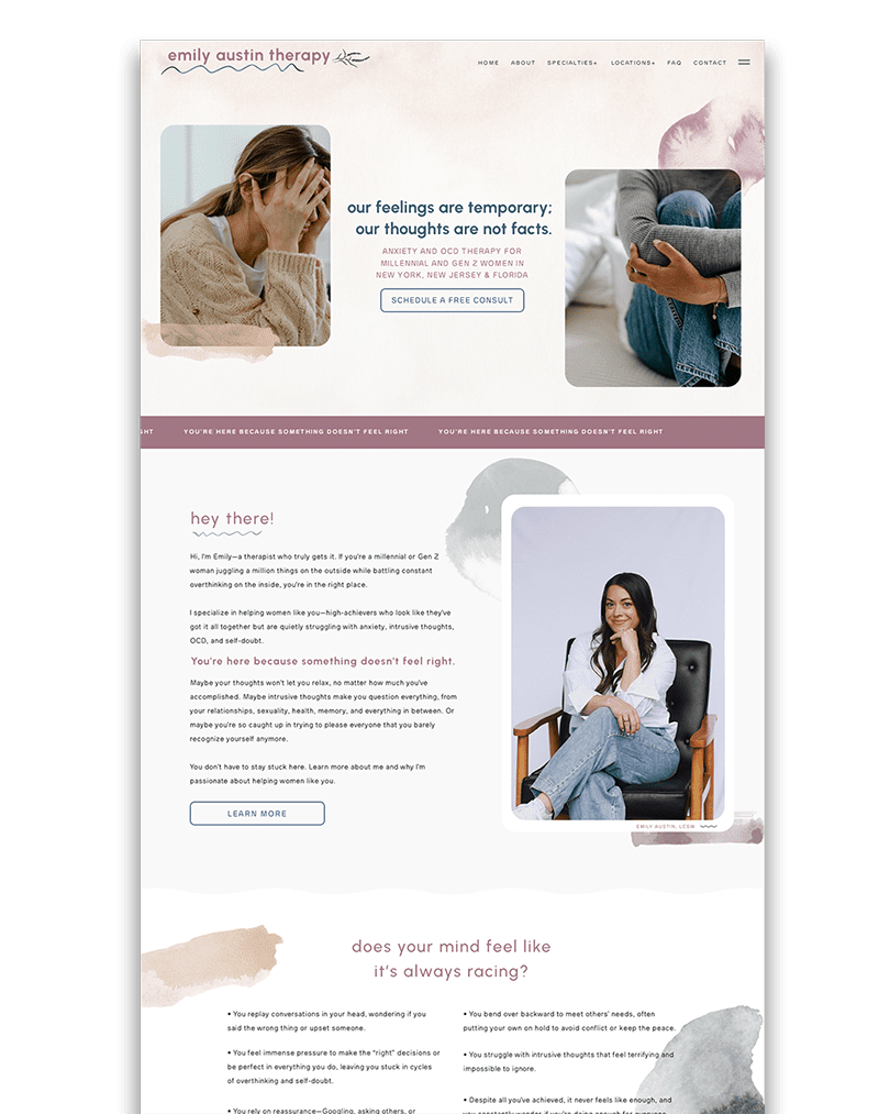Website design showcasing a modern, inviting layout for a women's therapy site, emphasizing warmth and professionalism.
