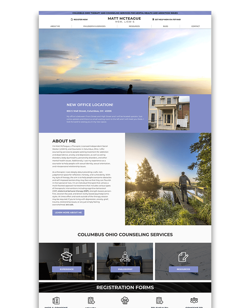Website design for Matt McCauley, showcasing a modern and inviting layout for a therapist's practice.