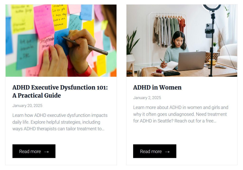 Screenshot of the ADHD Women website, featuring blog ideas for private practice and support resources.
