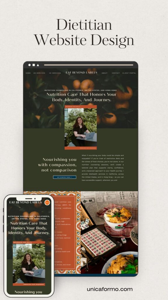Dietitian website design showcasing a sleek, tablet and mobile layout. Features an image of a smiling woman with text about compassionate nutrition care. Background displays vibrant fruits, emphasizing a healthy lifestyle. Modern, professional aesthetic.