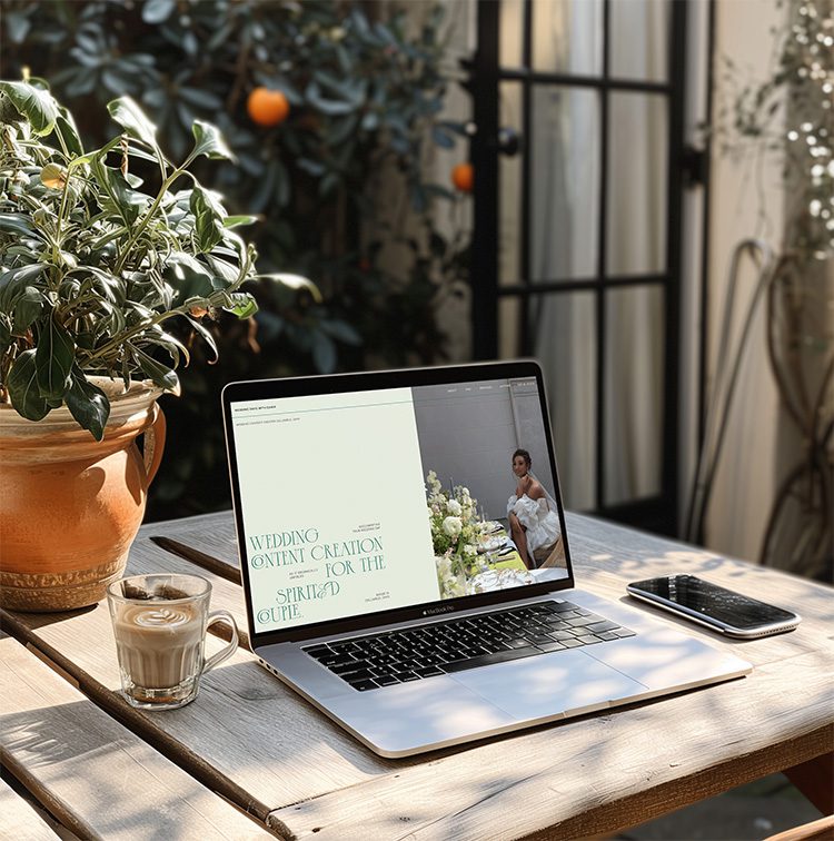 Laptop placed on an outdoor table, showcasing a mockup design in a natural setting.