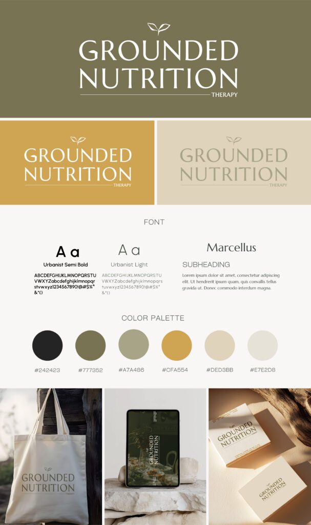 Brand identity for Grounded Nutrition Therapy with earthy tones. Includes logo, font styles Urbanist and Marcellus, and a color palette of green, beige, and black. Images display a branded tote bag, tablet, and product boxes.