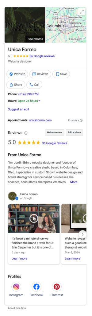 Unica Formo's Google Business Profile listening example.