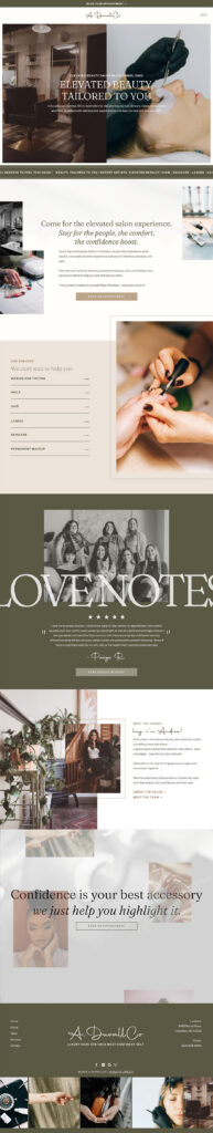 Tall wedding-themed webpage collage with romantic couple photos, “LOVE NOTE” title, testimonials, gallery images, inquiry form, and muted beige-gray tones.
