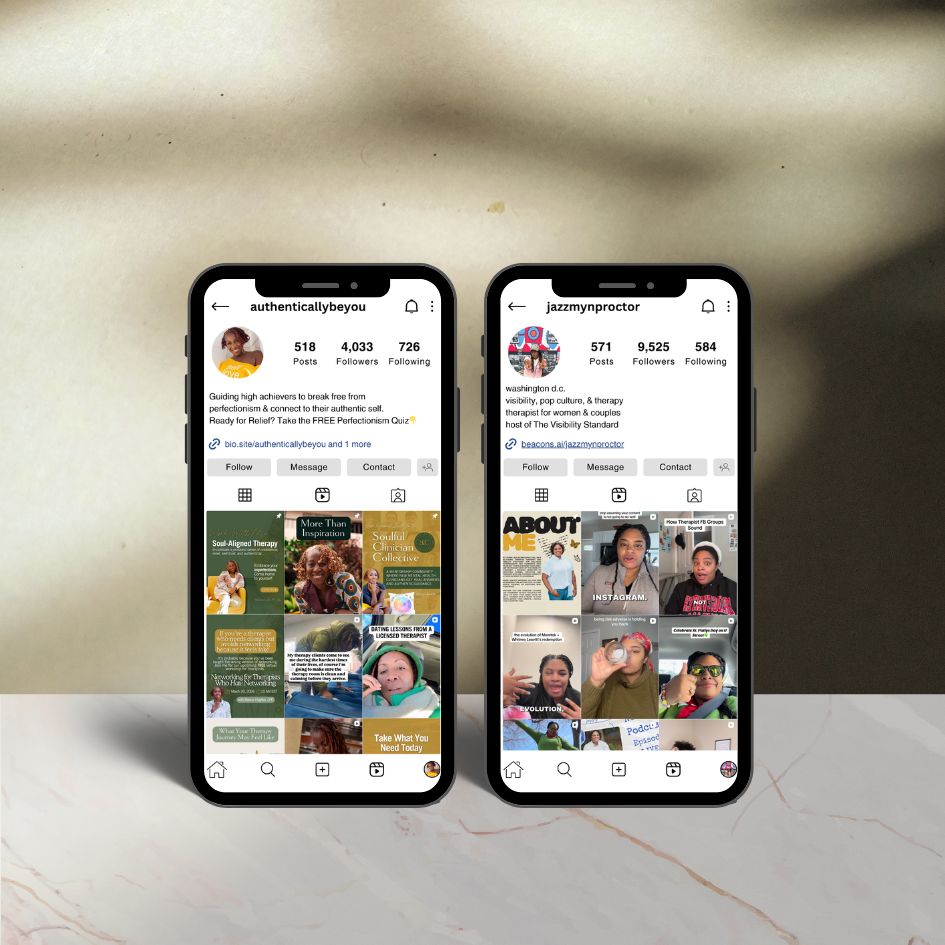 Two iphones showcasing two different therapist's instagram feeds.